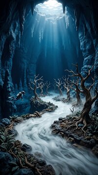 3D clay style scuba diver over underwater river in cenote
