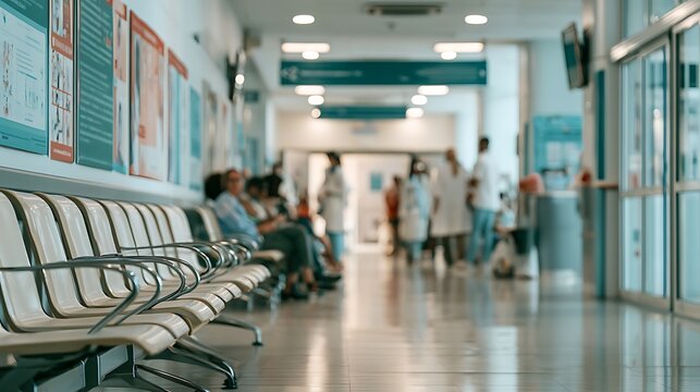 Blurry hospital waiting room with empty chairs in corridor