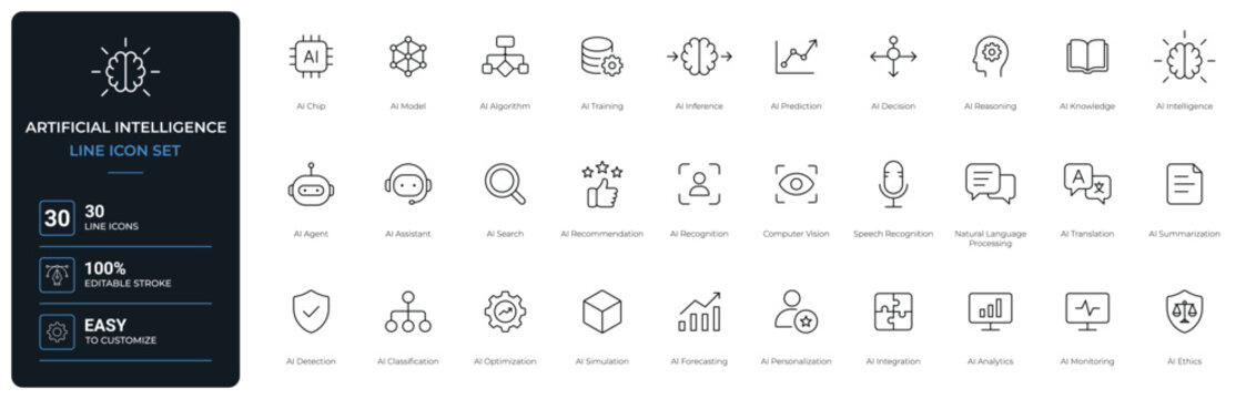 artificial intelligence icon line style model algorithm prediction decision editable stroke vector set