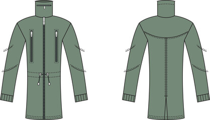 Zip Up Parka Jacket Technical Flat Sketch Front and Back View © Maya