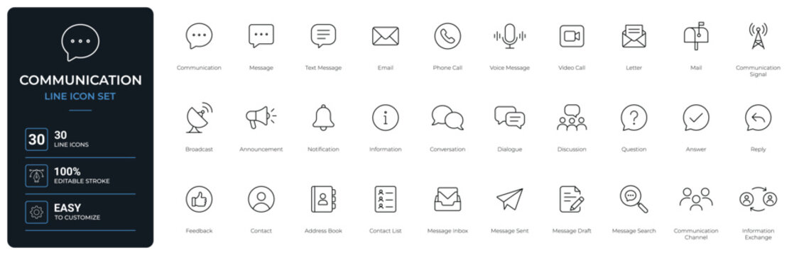 communication icon line style message email phone call chat editable stroke vector set
