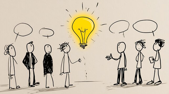 Team brainstorming with a glowing lightbulb and speech bubbles
