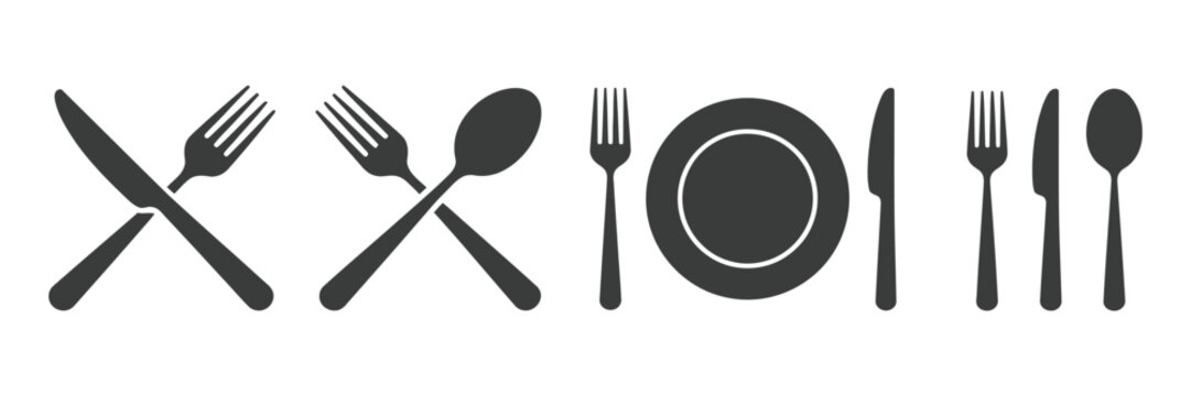 cutlery icon set with fork knife spoon and plate for restaurant menu and food service