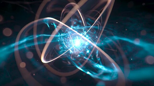 3D Motion Graphic Loop of Futuristic Atomic Structure with Glowing Blue Core and Orbital Light Rings