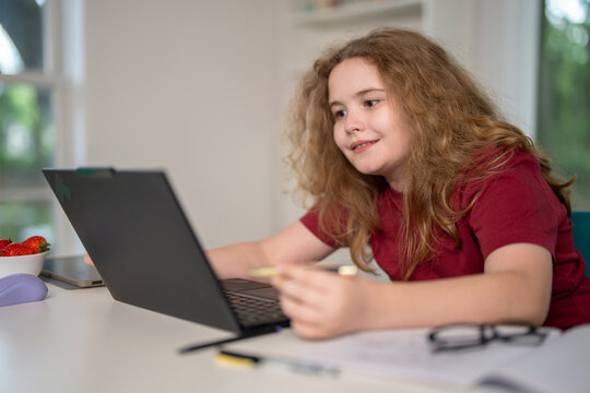 Study child works with notebook. Study student types on laptop. Focused learner continues study online. Young kid enjoys study lesson.