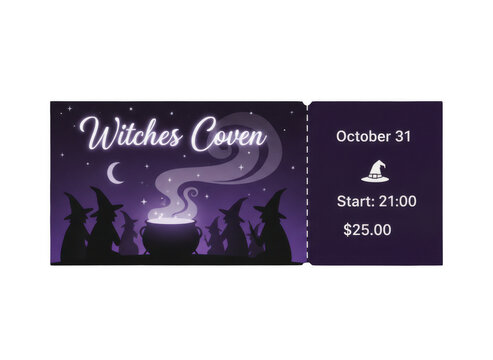 Pixel art witches coven event ticket with a cauldron boiling potion under a starry purple night sky for halloween