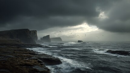 Fototapeta premium dramatic northern coastline with dark cliffs, cold ocean waves and distant seabirds, overcast sky with a narrow opening of sunlight, moody cinematic
