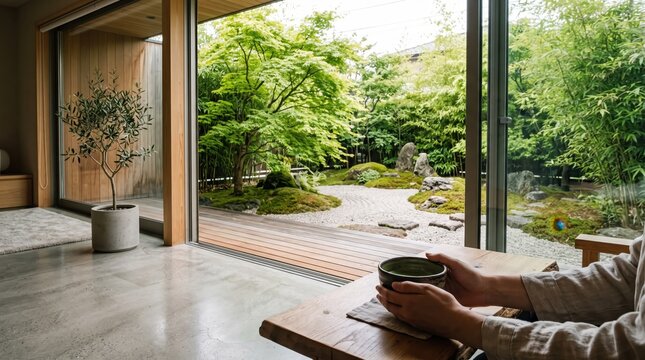Serene Japanese zen garden view from modern minimalist interior, person holding matcha tea cup, sliding glass doors, lush green maple trees, moss rocks, tranquility, mindfulness