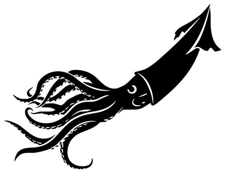 Black silhouette of squid with tentacles and suction cups, bold vector design symbolizing marine life, motion, and ocean creatures.
