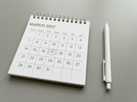 A spiralbound calendar for march 2027 with the 17th circled, placed next to a white pen on a neutral grey background