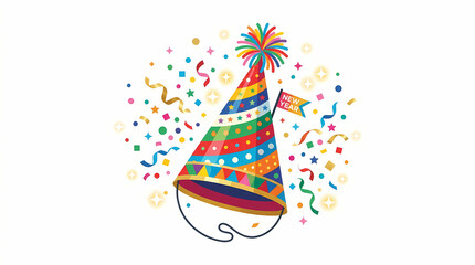 Obraz premium Playful digital illustration of a colorful striped party hat surrounded by scattered confetti and stars, perfect for New Year celebration graphics and festive party design projects.