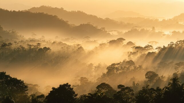 endless tropical rainforest canopy covered by golden morning fog, distant tree silhouettes emerging from luminous mist, warm sunrise behind