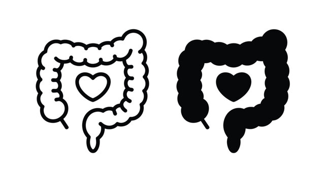 Human intestine and digestive system icons, black and white gut health medical illustration
