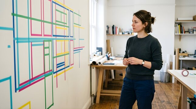 Woman architect looking at colored tape construction plan on office wall