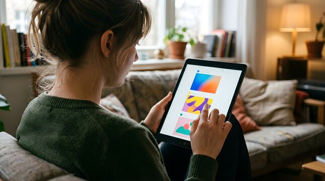 Woman using a tablet to browse creative graphic design projects at home