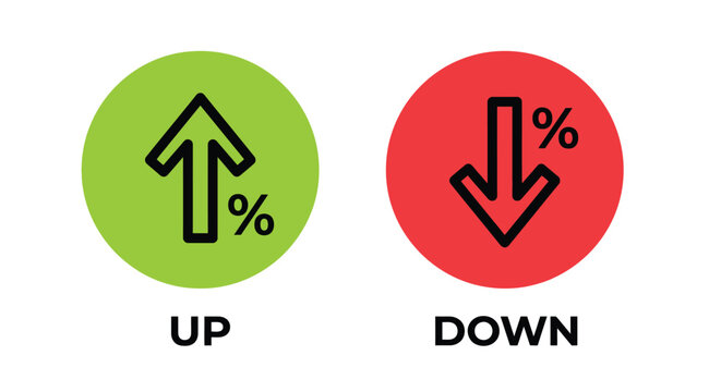 Increase and decrease icons with percentage signs on colored circles