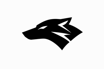 Fototapeta premium A minimalist black silhouette of a wolf's head with sharp, angular features against a plain white background.