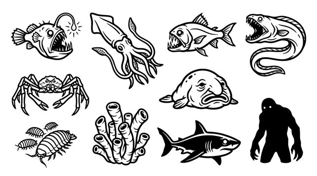 Deep Sea Creature and Underwater Monster Collection Vector Illustration Set