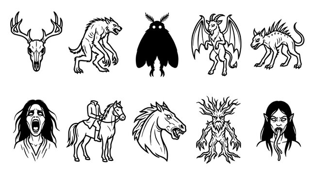 Hand Drawn Mythical Folklore Creatures and Cryptid Monster Collection Icons