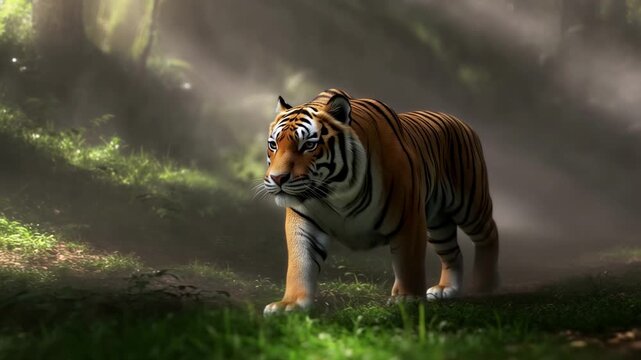 Majestic bengal tiger emerging slowly from dense fog in a mysterious tranquil scene captured in slow motion emphasizing power