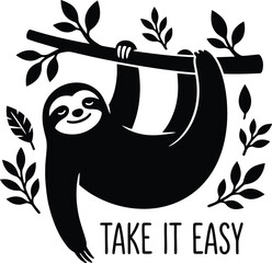 Fototapeta premium Black silhouette sloth hanging from branch with leaves and text
