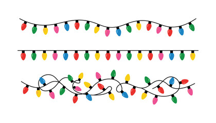 Obraz premium Three sets of colorful christmas string lights, wavy, straight, and tangled black wire garlands vector on white background.