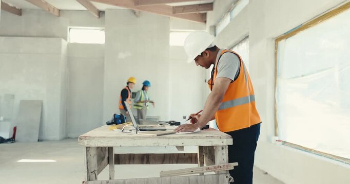 Man, drawing and blueprint at building site for engineering design, home renovation and construction. Engineer, person and floor plan illustration in house for remodeling project, layout and review.
