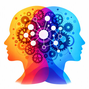 AI generated two colorful human profiles gears connected nodes representing shared intelligence creativity collaboration technology innovation cognitive communication