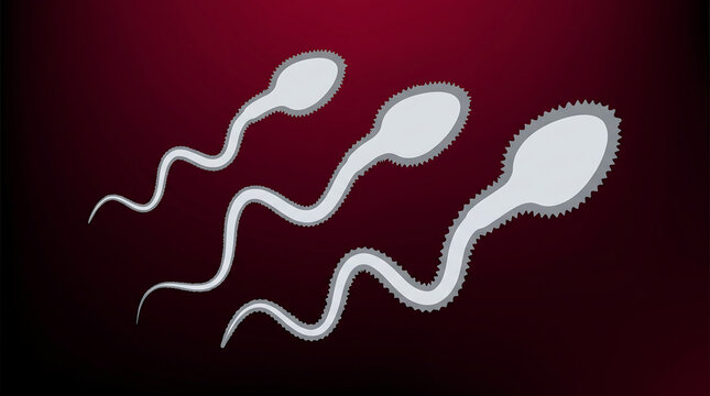 Microscopic view of swimming sperm cells on a dark red background for medical research.
