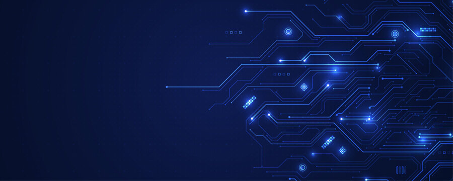Glowing circuits pulse across a deep blue digital grid. Neon lines trace futuristic pathways with electric spark effects. Abstract tech design evokes innovation and digital connectivity