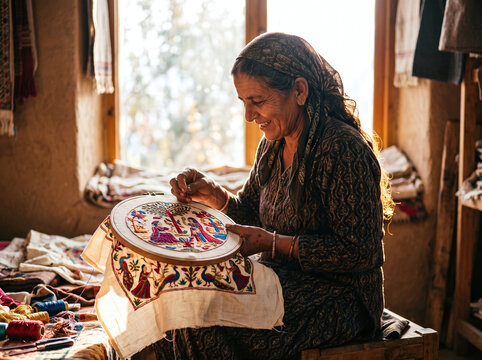 Indian artisan woman crafting traditional Chamba Rumal embroidery in workshop