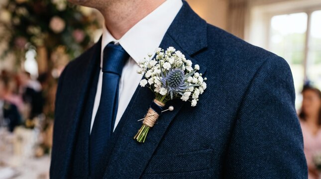 Groom wearing a dark blue suit with a boutonniere for a wedding ceremony.