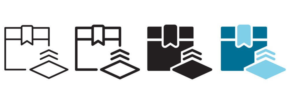Product utilization icon with cardboard package box, layer platform, and upward arrows representing smart factory inventory usage efficiency, digital manufacturing asset optimization, and tech.