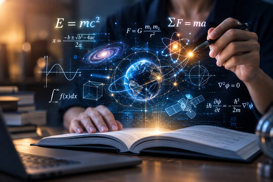 AI generated student explores physics mathematics an open book glowing scientific holograms representing education research discovery digital learning