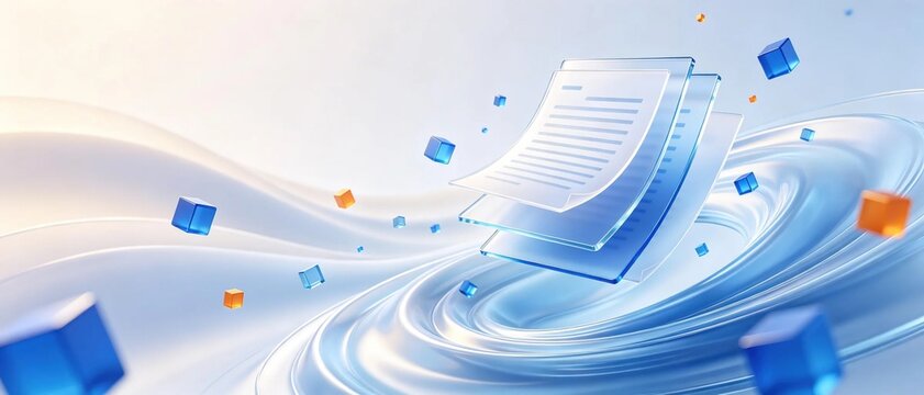 Three stacked transparent glass style document pages with floating blue and orange cubes on flowing blue abstract background representing digital data document concept