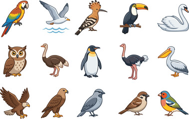 Obraz premium colorful cartoon wild birds, exotic avian species collection, cute nature wildlife vector illustration