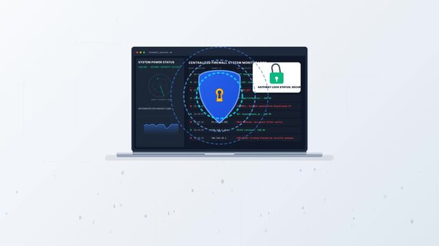 Modern 2D vector animation of laptop displaying cyber security firewall logs, database encryption, and gateway lock shield icons on screen against clean tech background, front view studio shot.