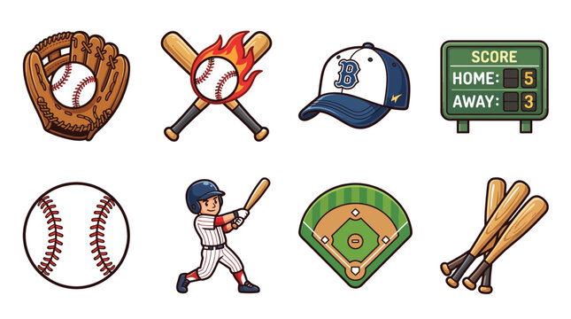 Baseball sport icons collection featuring player equipment ball glove bat scoreboard and stadium field vector elements