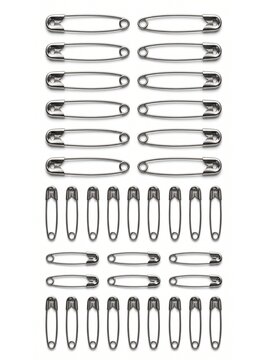 Assorted silver safety pins collection, metal fasteners isolation on white, metallic sewing accessories, joining devices for clothing, hardware supplies for crafts