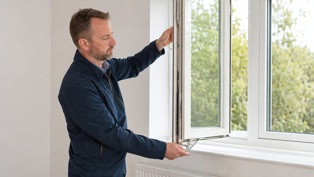 Male surveyor inspecting a white uPVC casement window hinge mechanism indoors