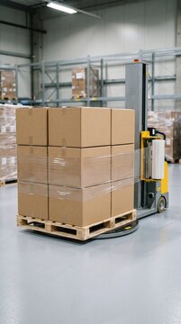 Pallet of cardboard boxes shrink wrapped on a pallet jack in a modern warehouse interior