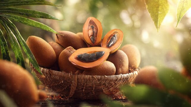 luxurious exotic fruit advertisement featuring abundant ripe sapodilla fruits with rough brown skin arranged in a handcrafted wooden market basket