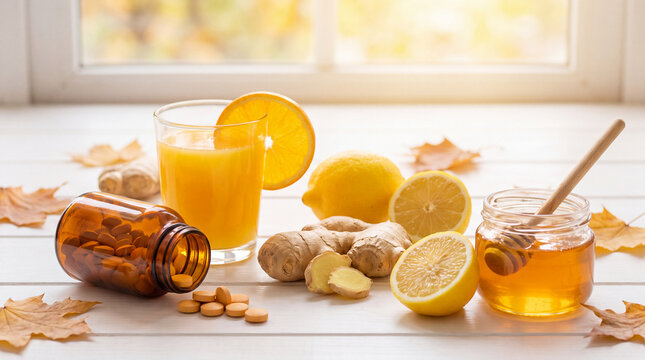 Cold Remedy Ingredients: A warm still life arrangement featuring a glass of orange juice with an orange slice, fresh lemons, ginger root, a jar of honey with a dipper, and a bottle of pills.