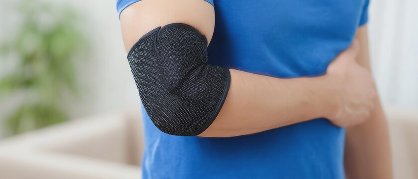 Wearing elbow support for injury recovery.