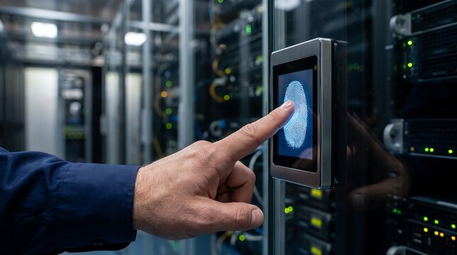 Close up of technician finger scanning biometric fingerprint on secure server room door access control system