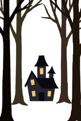 Obraz premium Spooky dark haunted house with glowing windows standing between tall tree trunks, flat vector illustration on a white background