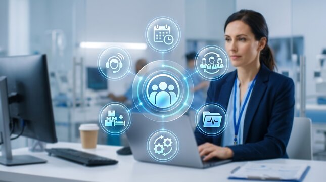 Healthcare administrator using laptop with medical management and hospital services interface in facility