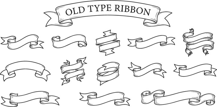 Old type ribbon banner sketch vector set with hand drawn medieval scrolls for retro label engraving decoration