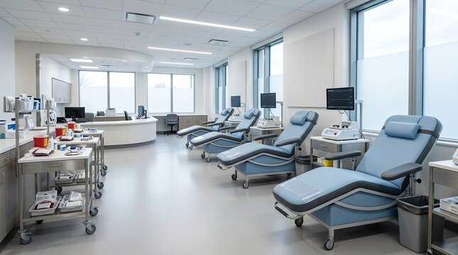 Modern Blood Donation Clinic Room with Reclining Chairs and Medical Equipment