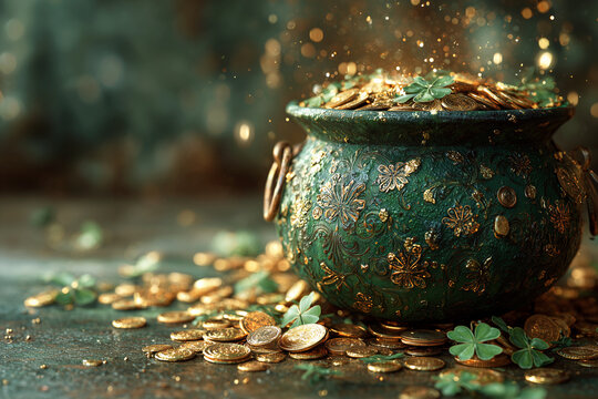A large cauldron with shiny gold coins with clovers, coins spilling on the ground and glowing magical light and bokeh background